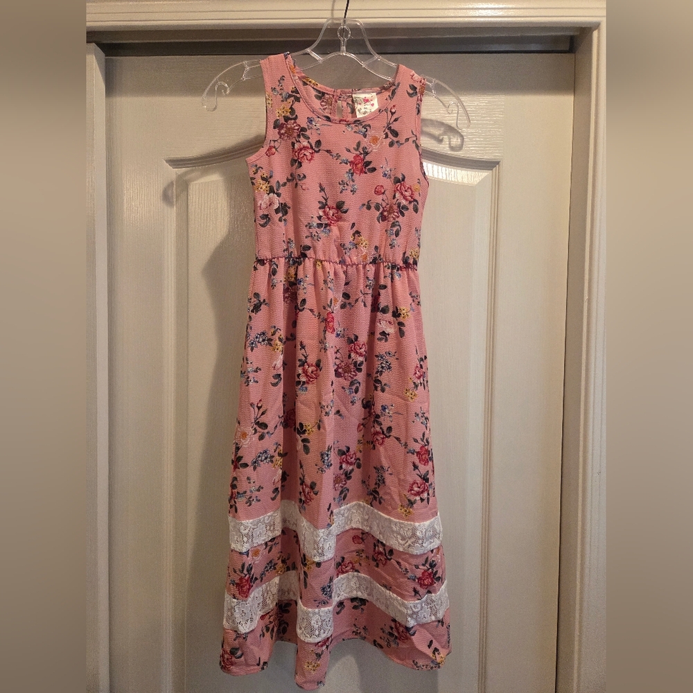 Charming Pink Floral Kids Dress with Lace Accents
